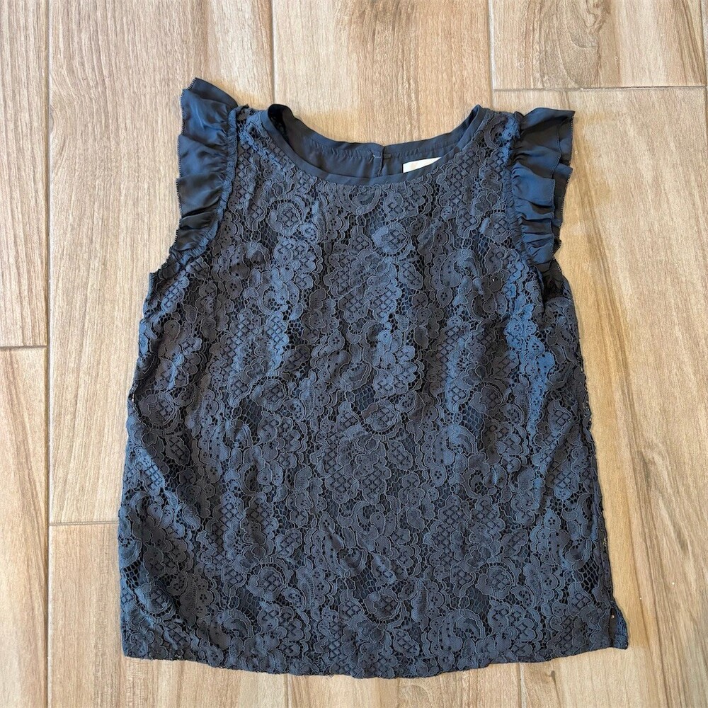 LOFT Blouse Womens Size S Black Floral Lace Sleeveless Ruffle Cap Sleeve